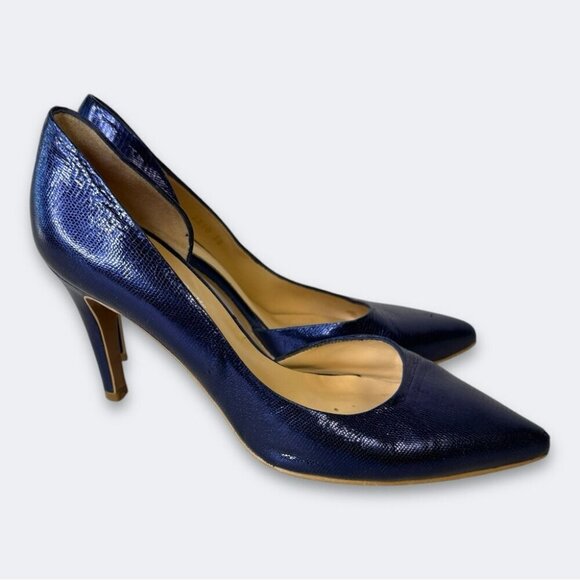 Brenda Zaro Blue Metallic Textured Leather Pump Heels Made In Spain Size 38 - Picture 1 of 15